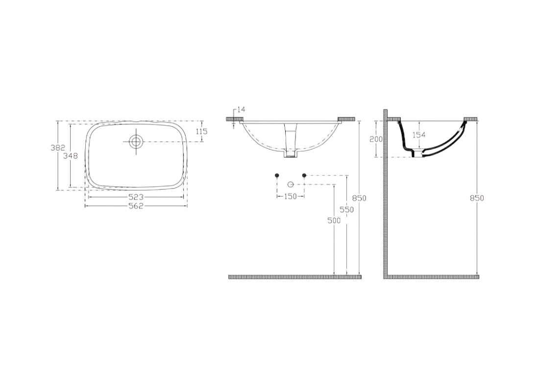 Soluzione Undercounter Basin 56 cm without Taphole with Overflow
