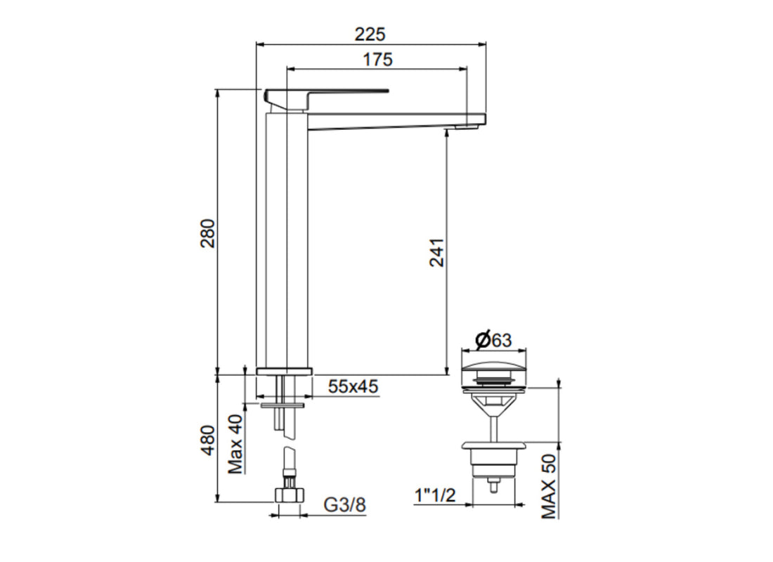 Kube High Basin Mixer with Click-Clack Waste