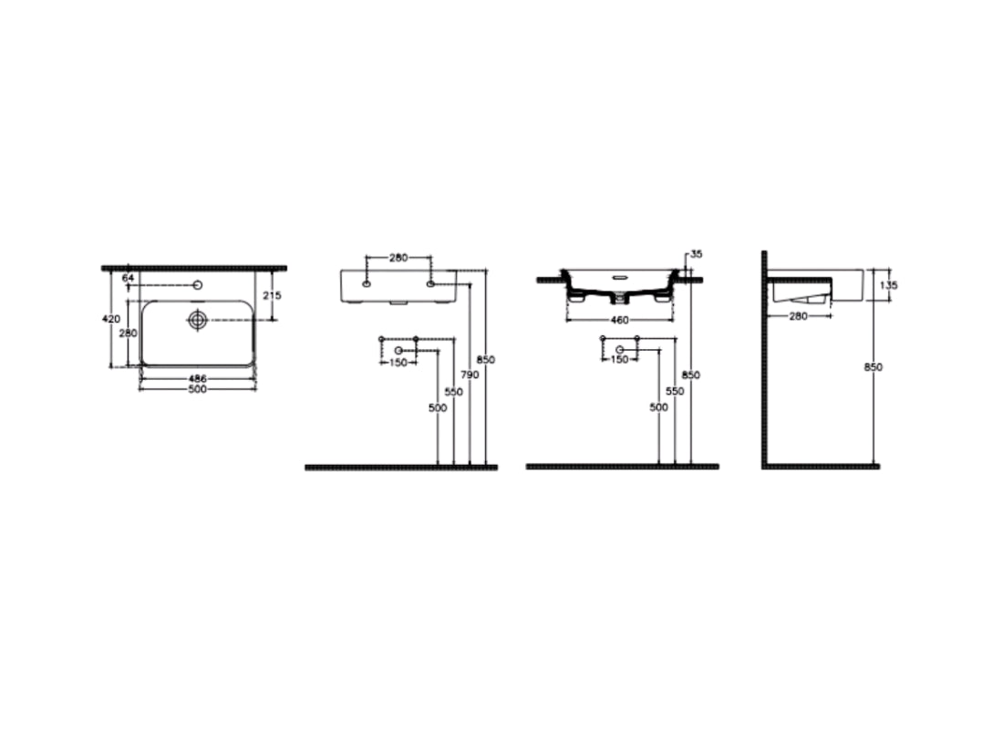 Infinity Washbasin 50 cm, Square Semi-Recessed with Tap Hole