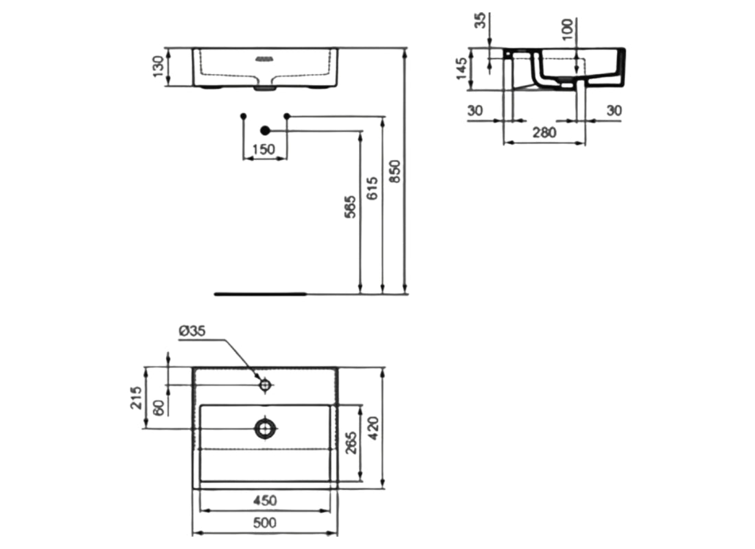 Extra Semi-Countertop Washbasin 500 mm, One Tap Hole
