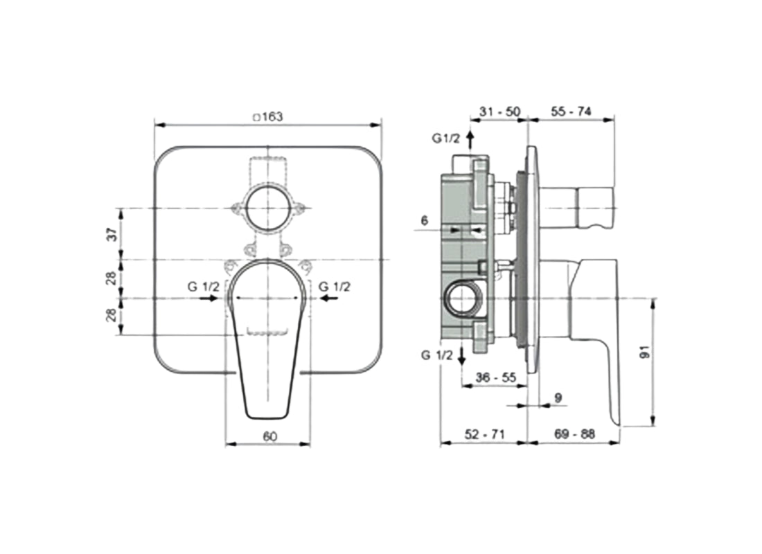 Cerafine D Built-In Bath & Shower Mixer - Concealed Kit 1 + 2