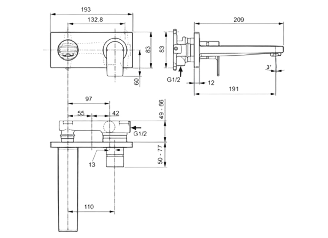 Edge Wall Mounted Basin Mixer, Kit 2