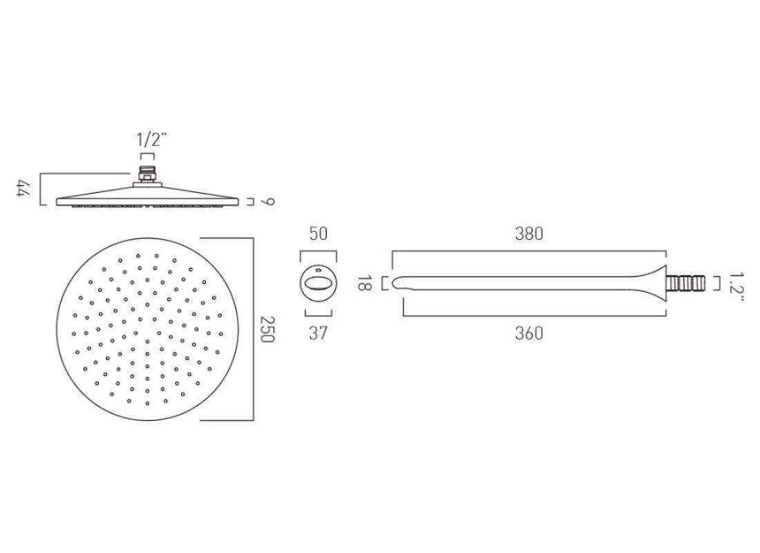Arrondi 250 mm Round Shower Head with Shower Arm