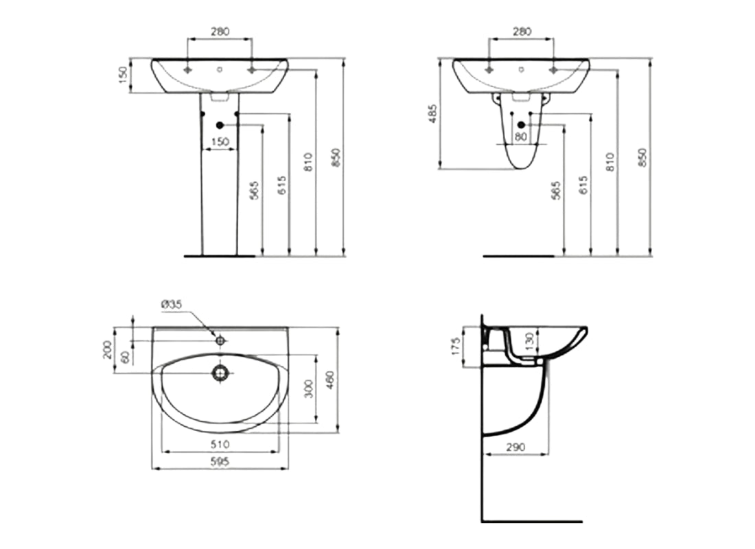 Alpha Wall Mounted Basin 60x46cm, 1 Tap Hole with Overflow