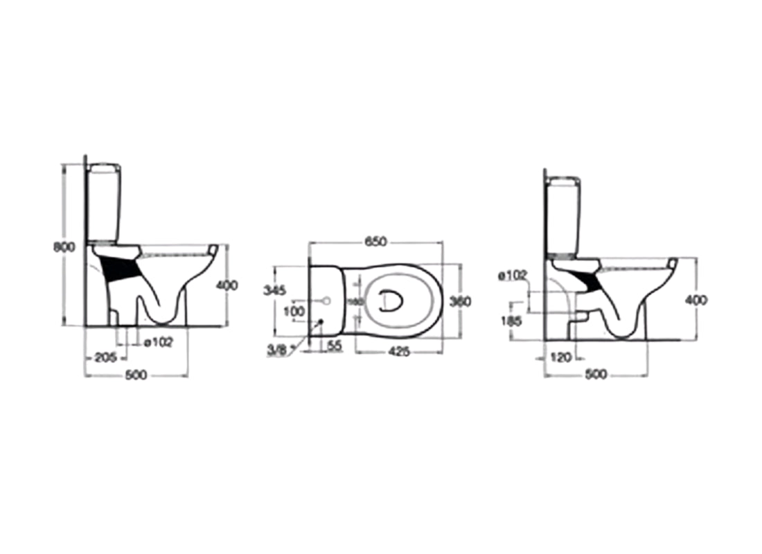 Plan Close Coupled Back to Wall WC Bowl S-Trap