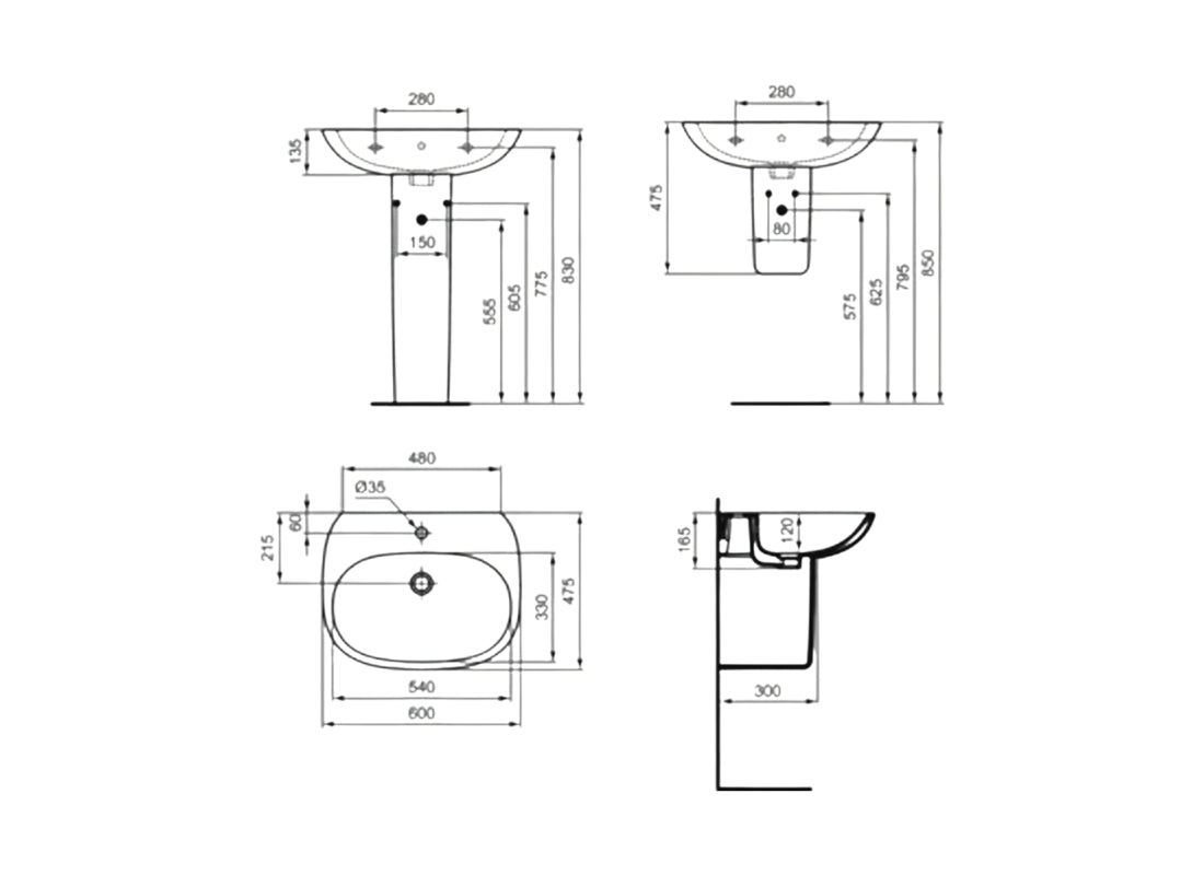 Tesi 60 cm Washbasin – White Wall-Mounted Basin