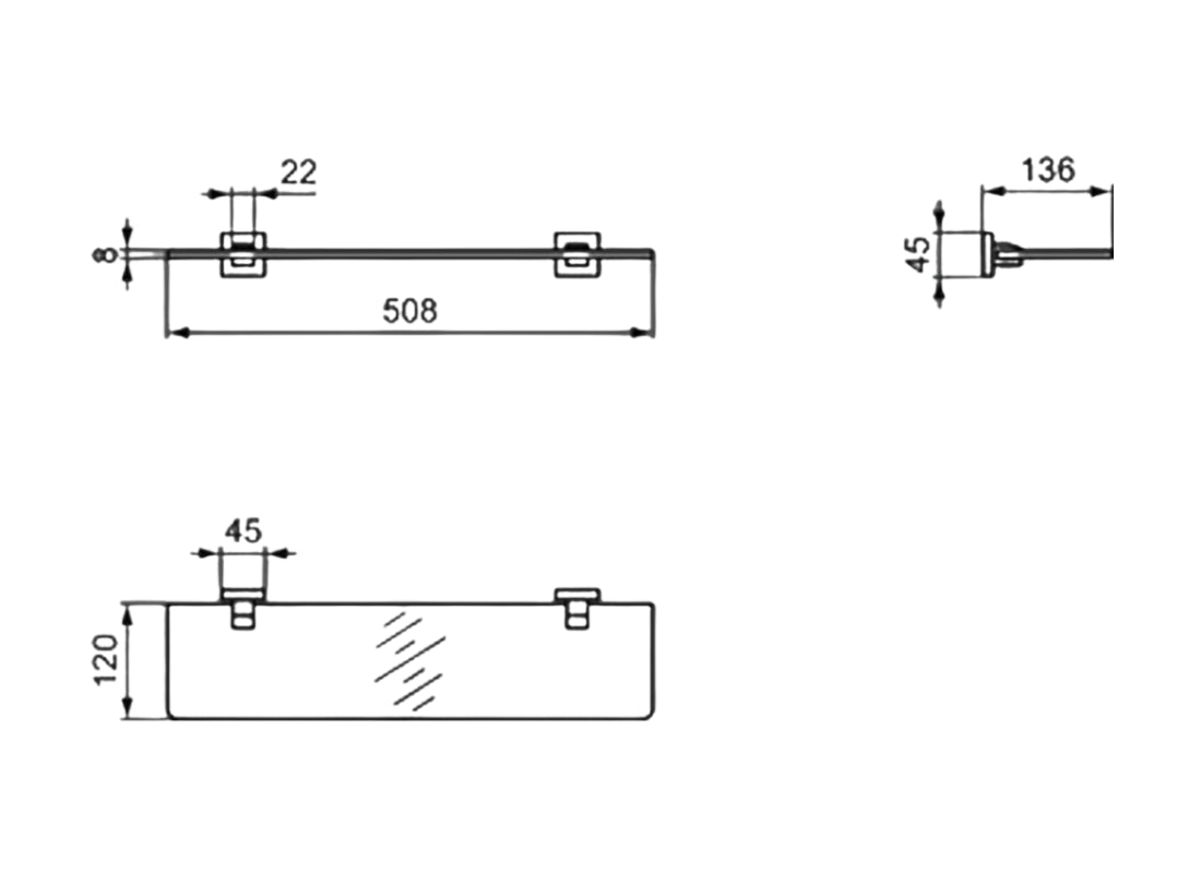 IOM Square Glass Shelf – 520 mm
