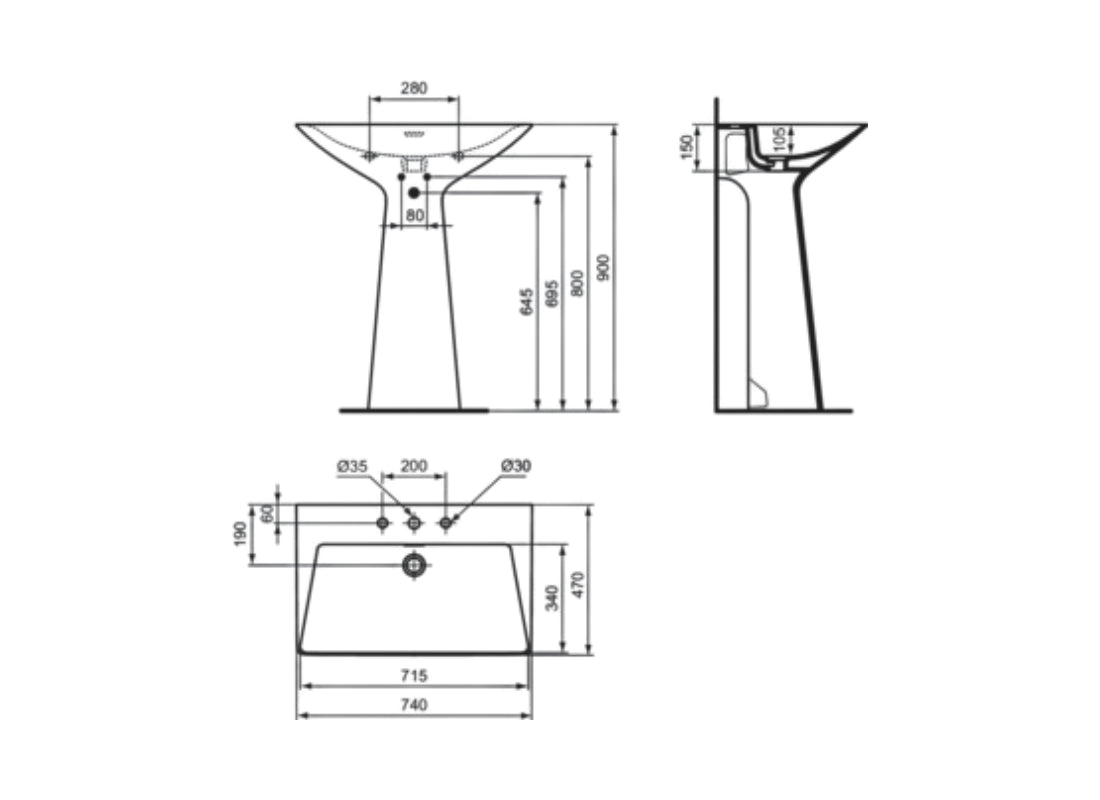 Tipo-Z One Piece Basin 3TH, 740x470x900mm