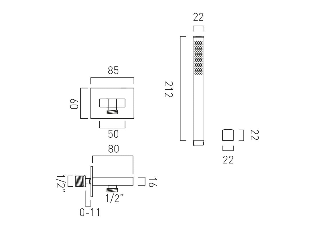 Single Function Square Hand Shower with Hose and Bracket, Integrated Outlet