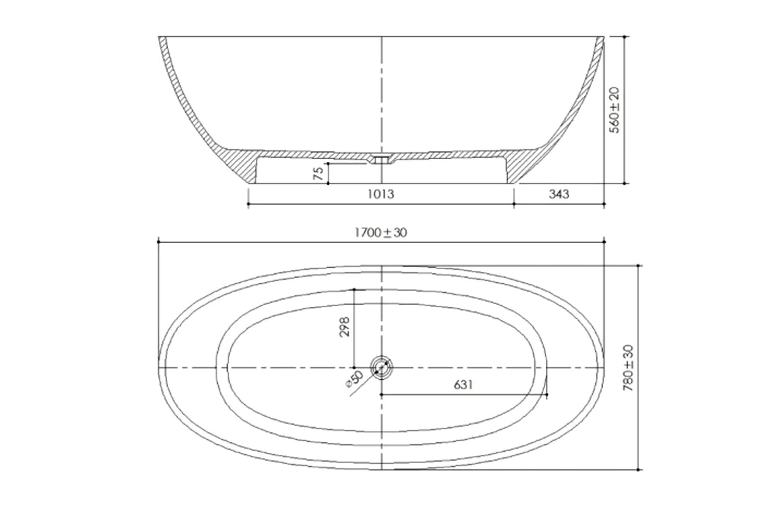 Ametis Transparent Bathtub with Chrome Pop Up Drain