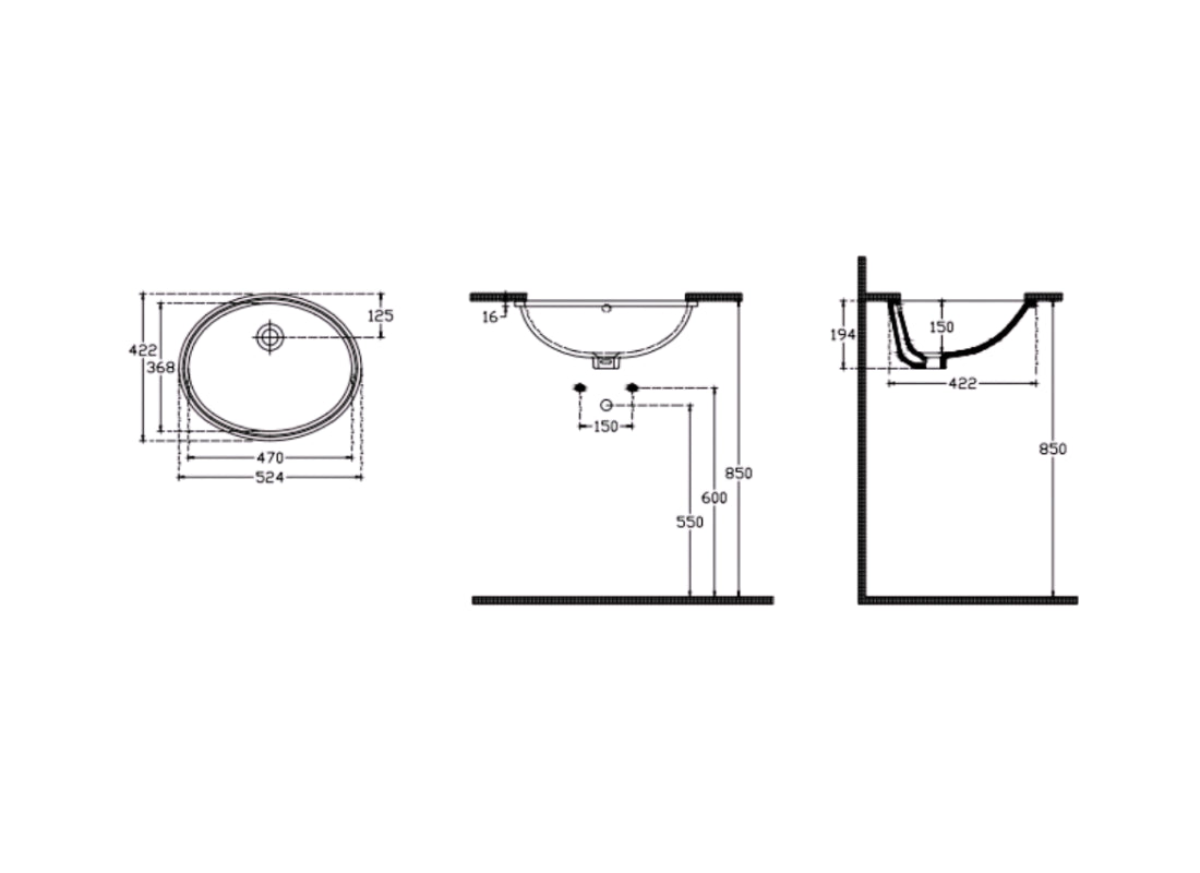 Soluzione Undercounter Basin 52 cm without Taphole with Overflow