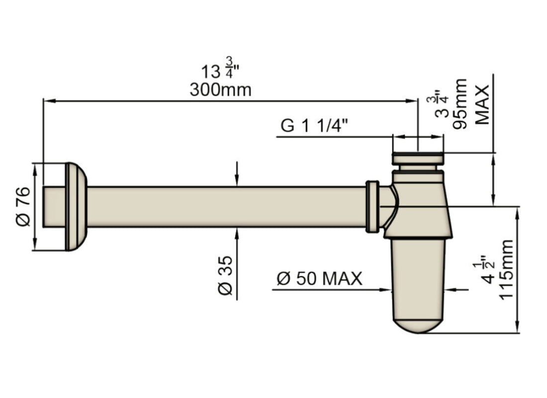 Perrin & Rowe 1¼″ Bottle Trap with Outlet, Pipe & Flange