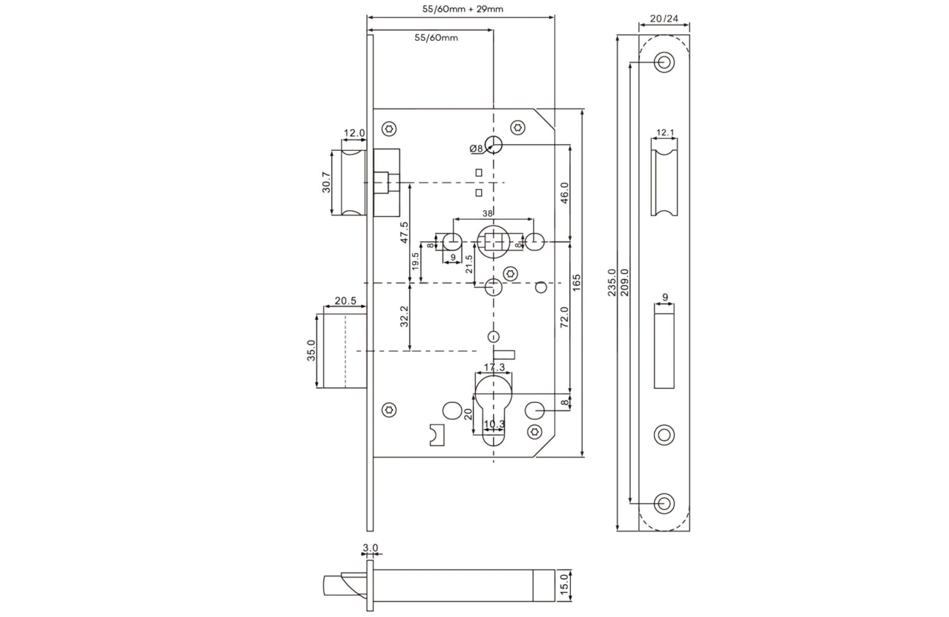 Mortice Sash Lock (MSL5572) 72x55mm, SS304