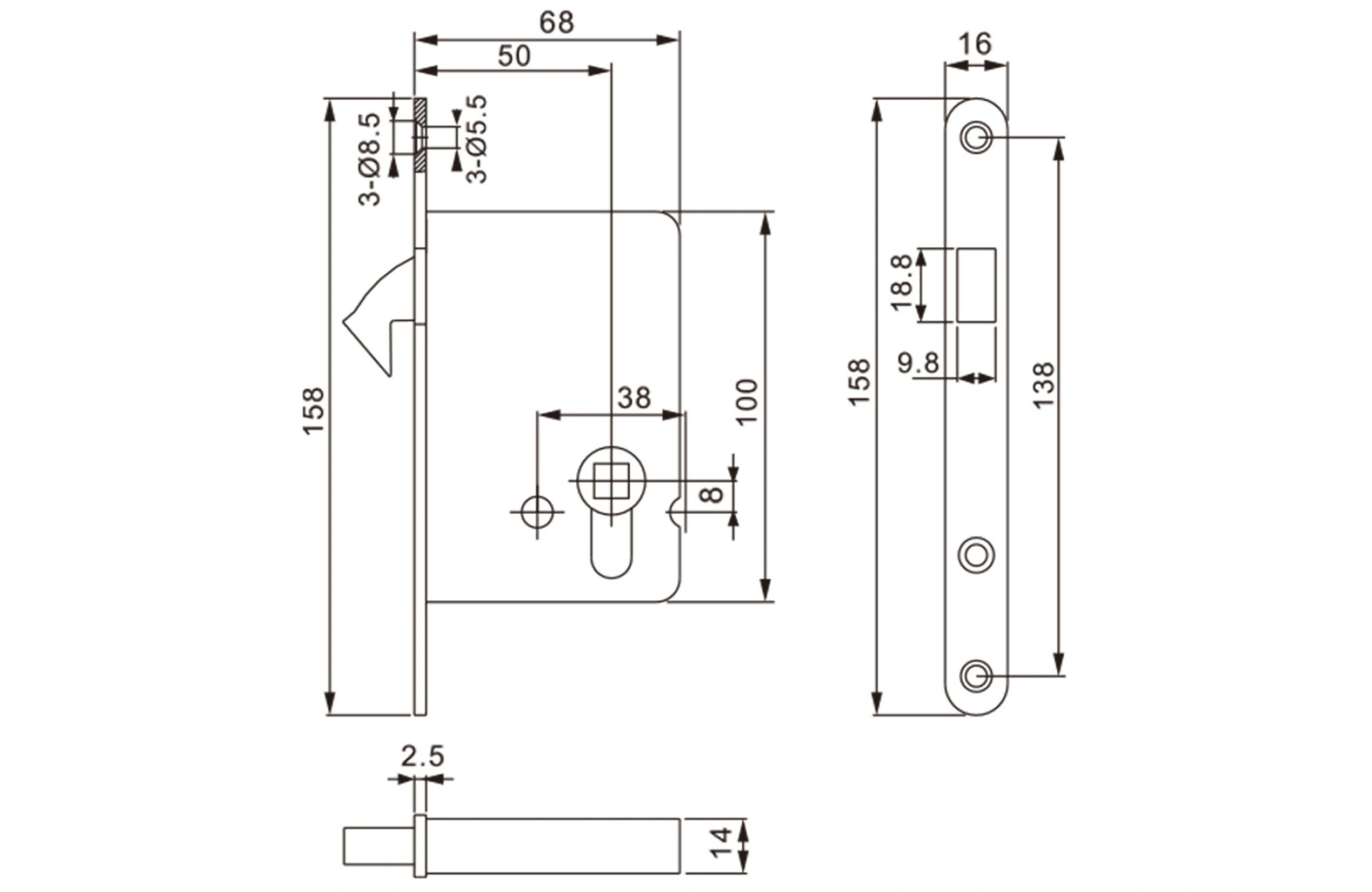 Mortice Hook Lock 100x68mm, SS304