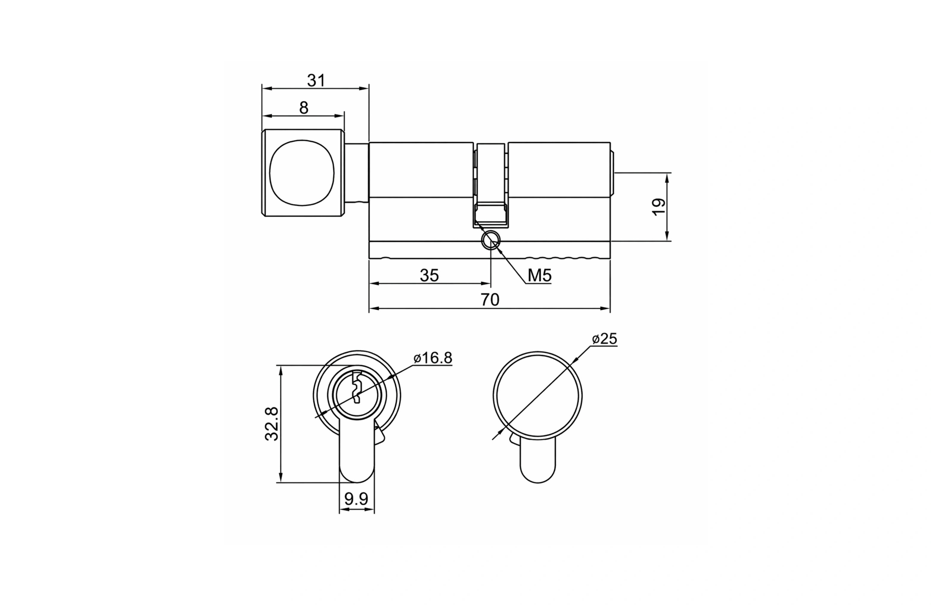Cassario Euro Profile Knob Cylinder and Key 6 Pin, 70mm