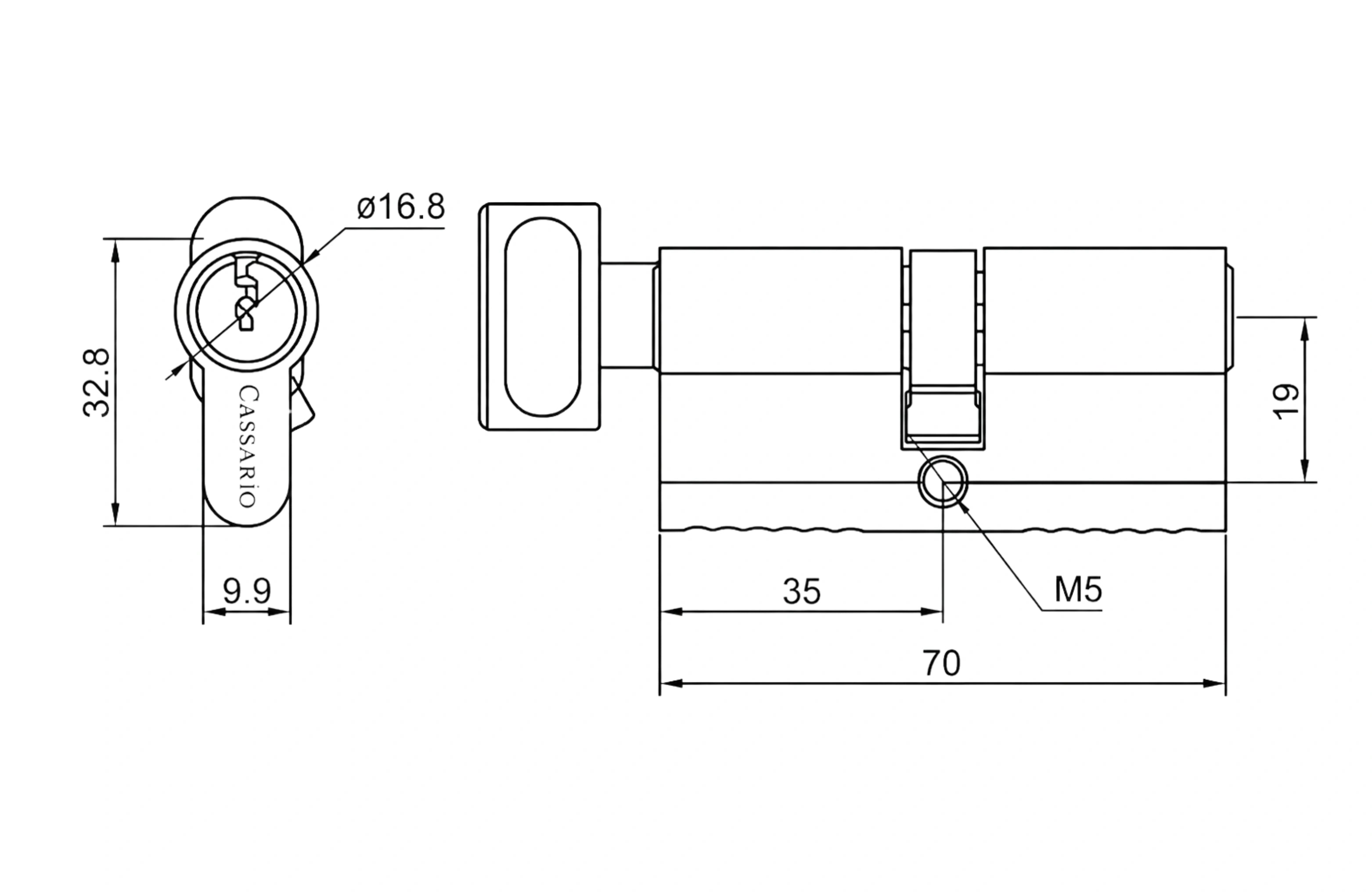 Cassario Euro Profile Knob Cylinder and Key 6 Pin, 70mm