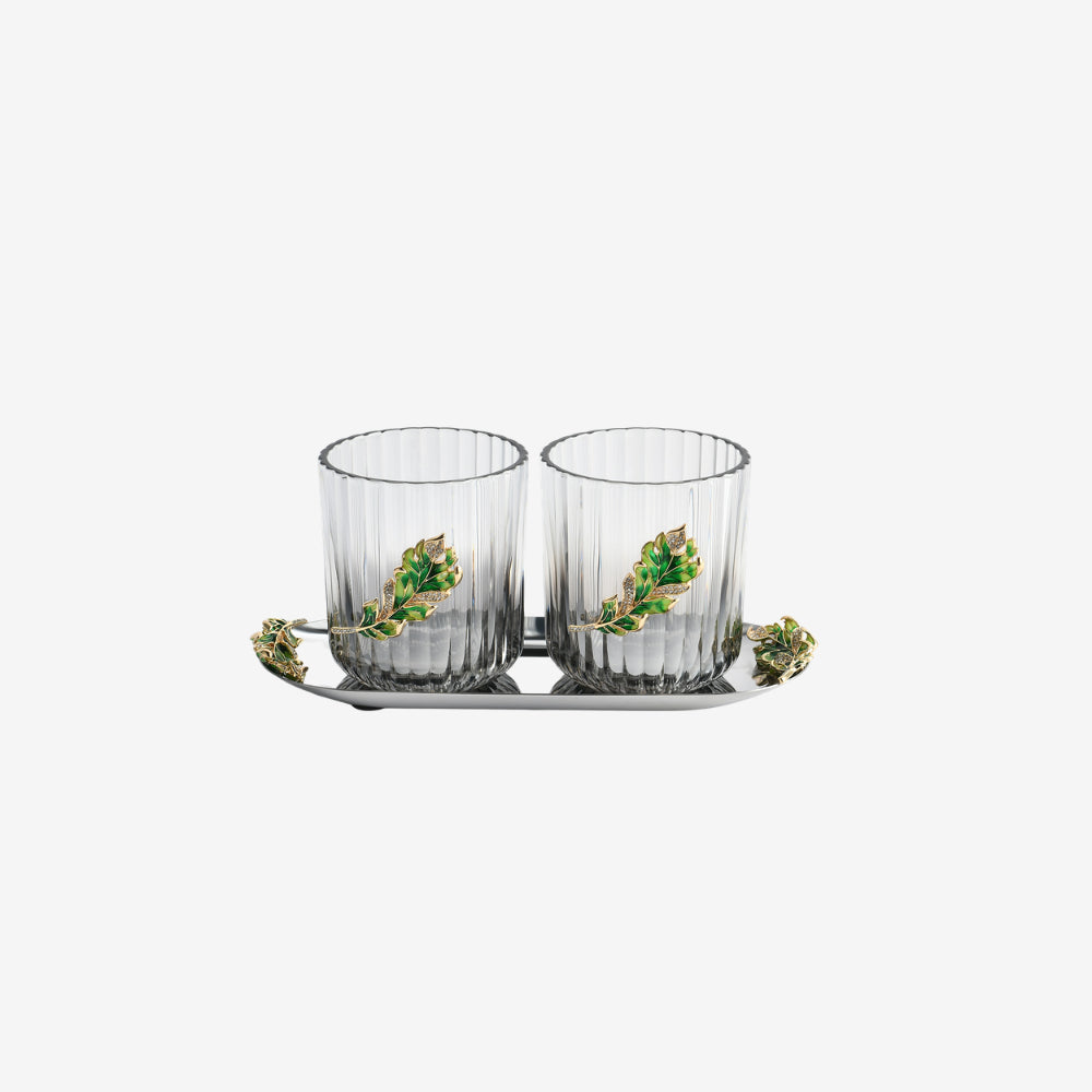 Verde Leaf Twin Glass Set with Tray