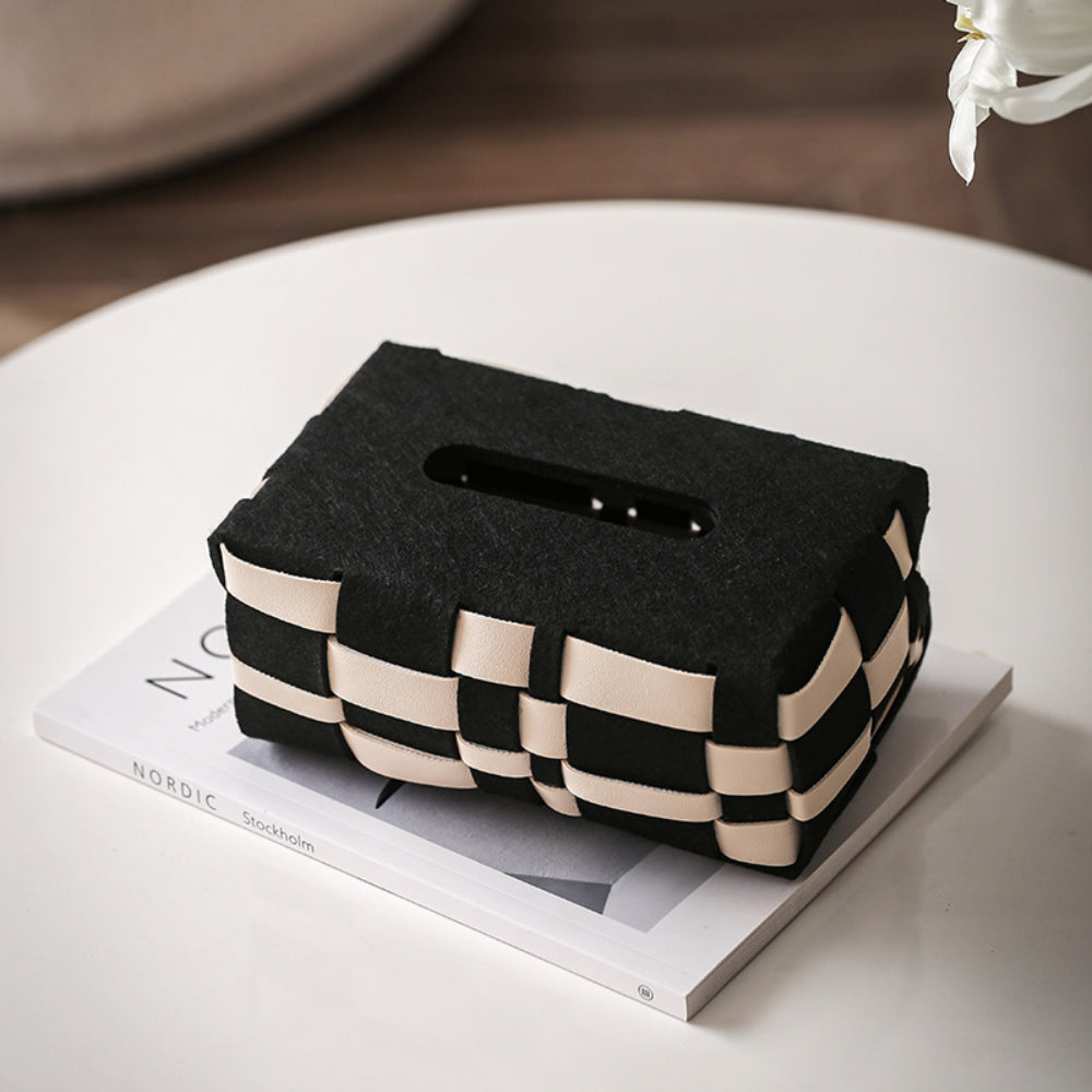 Woven Leather Tissue Box, Black & Beige