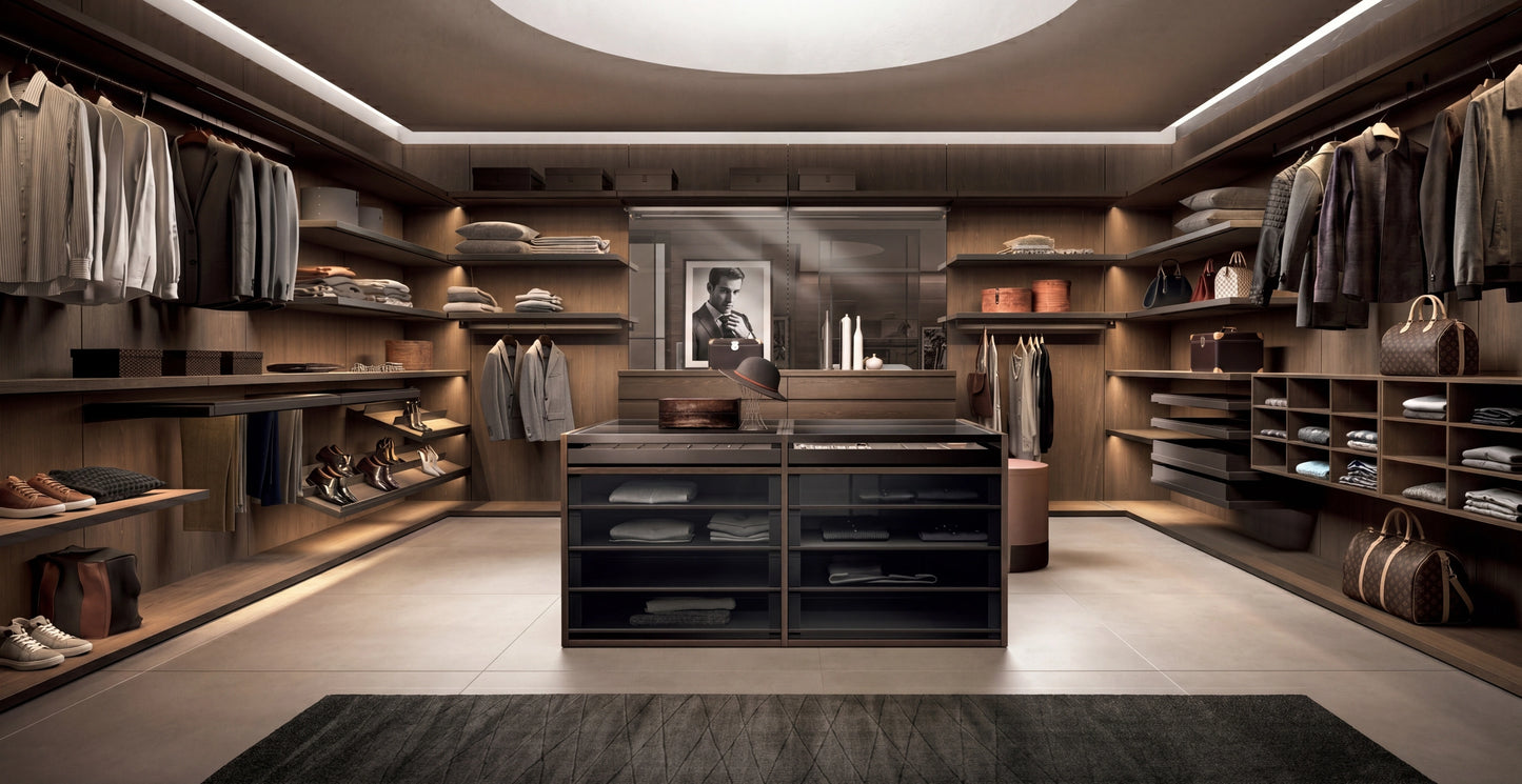 Rack Cabins Gemini Walk-in Closet with Central Island and Sliding Portal G224
